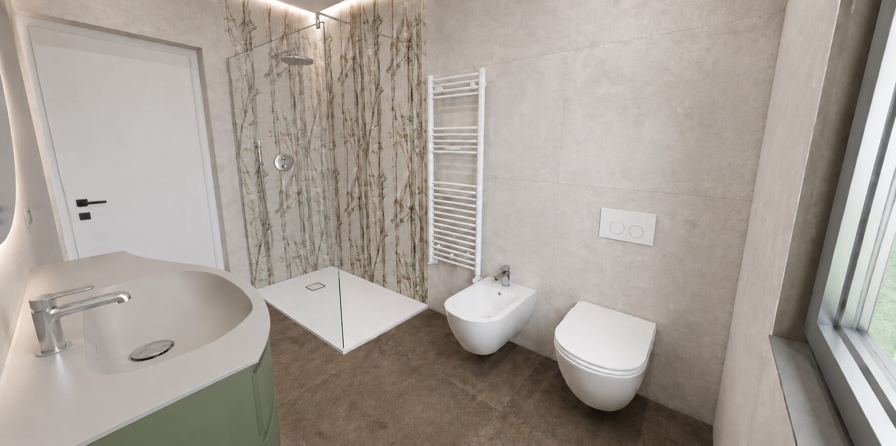 Rendering 3D bagno Chiaravalle — doccia walk-in, sanitari sospesi, Fratelli Venturi